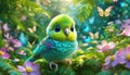 3D rendered baby parrot, cute big eyes, in a garden full of butterflies, lush greenery.