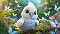 3D rendered baby parrot, cute big eyes, in a garden full of butterflies, lush greenery.