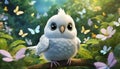 3D rendered baby parrot, cute big eyes, in a garden full of butterflies, lush greenery.