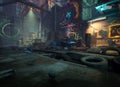 3d rendered background image of a cyberpunk junkyard