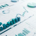 3D-rendered bar graphs rise from a complex set of printed charts and graphs. The
