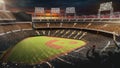 3D rendered baseball stadium at sunset with packed crowd and glowing lights Royalty Free Stock Photo