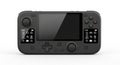 A 3D rendered black handheld gaming console with a large central screen, labeled control buttons on the left side, and a joystick Royalty Free Stock Photo
