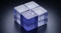 3D rendered blue cube with number 127 on each side floating over black grid pattern background abstract digital concept Royalty Free Stock Photo