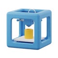 3D Rendered Blue Cube Shaped 3D Printer Creating a Yellow Cylinder Object on a White Background Royalty Free Stock Photo