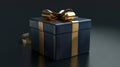 A 3D rendered blue gift box with gold ribbon, isolated package with glossy bow. A nice present for a holiday, bonus Royalty Free Stock Photo