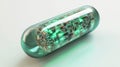 Digital pill with glowing data codes inside 3D rendering