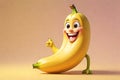 3D Rendered Character of a Cute Banana with a Beaming Smile Posed Against a Solid Pastel Background