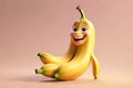 3D Rendered Character of a Cute Banana with a Beaming Smile Posed Against a Solid Pastel Background