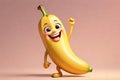 3D Rendered Character of a Cute Banana with a Beaming Smile Posed Against a Solid Pastel Background