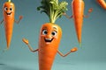 3D Rendered Character of a Single Cute Carrot Displaying a Range of Emotions Set Against a Solid Color Background