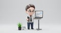 3D Rendered Chibi Data Scientist with Laptop Charts and Graphs Isolated on White