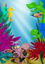 3d rendered children illustration card template of underwater world with sea animals with text space