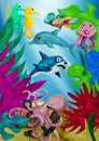 3d rendered children illustration of underwater world with sea animals