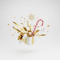 3D Rendered Christmas Gift Box Exploding with Festive Decorations and Confetti present Royalty Free Stock Photo