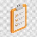 3D rendered clipboard icon with orange checkmarks on checklist paper on transparent background, task completion symbol, Royalty Free Stock Photo