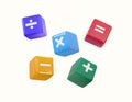 3d rendered colorful basic math calculation symbol in cube shape, plus and minus, multiplication and divide, equal. Math