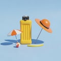 3D Rendered Beach Scene with Inflatable Mattress, Hat, Umbrella, and Camera on Blue Background Royalty Free Stock Photo