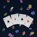 3D rendered concept illustration of four aces in front of falling poker chips Royalty Free Stock Photo