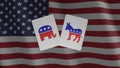 3D rendered concept illustration for presidential elections in the USA, parties` symbols on cards in front of US flag