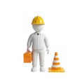 A 3d rendered construction worker in a yellow hard hat and white uniform stands next to an orange traffic cone holding a toolbox Royalty Free Stock Photo
