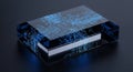 A 3D rendered cube with a blue circuit board design on its transparent surface featuring electronic components like resistors and Royalty Free Stock Photo
