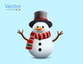 3d rendered cute smiling snowman with black cap or hat, scarf, orange nose, wooden waving hands, isolated on white Royalty Free Stock Photo