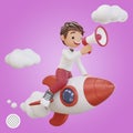 3d rendered cute student character is flying on a rocket