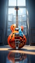 A 3D-rendered digital drawing fuses guitar, interior, and geometric architecture elements.