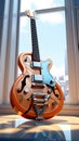 A 3D-rendered digital drawing fuses guitar, interior, and geometric architecture elements.