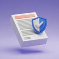 3D Rendered Document with Security Shield and Checkmark Icon on Purple Background paper Royalty Free Stock Photo