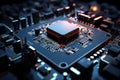 3D rendered electronic circuit board with advanced processor Close up Royalty Free Stock Photo
