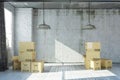 3D rendered empty apartment in industrial style with moving boxes Royalty Free Stock Photo