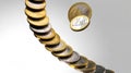 3D rendered falling Euro coins, detailed reflections, pure white background Royalty Free Stock Photo