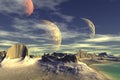 3D rendered fantasy alien planet. Rocks and moon