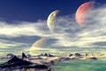 3D rendered fantasy alien planet. Rocks and moon