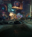 3D rendered fantasy junk yard with graffities Royalty Free Stock Photo