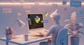 3D rendered figure in a minimalist office, coding on a laptop with Python and JavaScript Royalty Free Stock Photo
