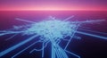 Futuristic digital cityscape with pink and purple gradient background featuring a tree-like grid pattern of lines and dots in 3D Royalty Free Stock Photo