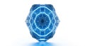 A 3D rendered futuristic hexagonal object with interconnected blue lines and dots forming a symmetrical grid pattern on a white Royalty Free Stock Photo