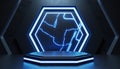 Futuristic sci-fi hexagon podium with glowing blue neon lights - AI Generated Royalty Free Stock Photo