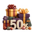 3D Rendered Gift Boxes and 50 Percent Discount Symbol with Decorative Elements present sale Royalty Free Stock Photo