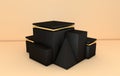 3d rendered gold and black geometric shapes, podium in the room