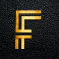 3D rendered golden letter F against a black leather background