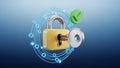 3D Rendered Golden Padlock and Key with a Green Checkmark and Digital Network on Blue security Royalty Free Stock Photo