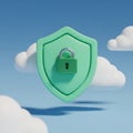 3D Rendered Green Shield with Padlock Icon Floating Among Clouds security protection Royalty Free Stock Photo