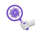 3D Rendered Hand Holding a Magnifying Glass Over an AI Microchip Icon Keywords: AI, artificial intelligence, microchip, chip, Royalty Free Stock Photo