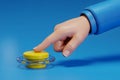 A 3D Rendered Hand Pushing a Yellow Button on a Blue Background Royalty Free Stock Photo
