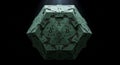A 3D rendered hexagon shaped object with intricate patterns and symbols on a dark background resembling a geometric cube Royalty Free Stock Photo