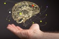 3D rendered hologram of a brain hovering over a real personÃ¢â¬â¢s palm. Royalty Free Stock Photo